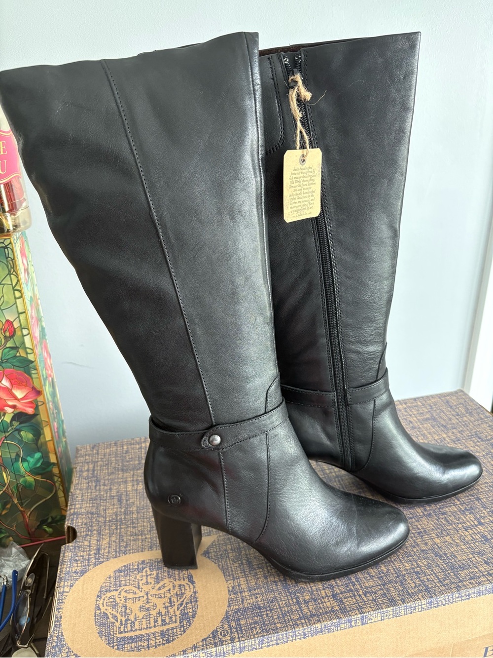Born Black Leather Knee-High Heeled Boots